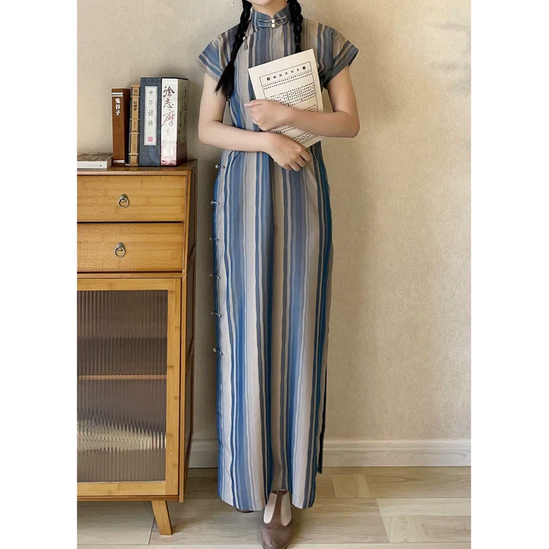 Tiao Wen 条纹 Striped 1940s Republic of China Short Sleeve Qipao - Image 6