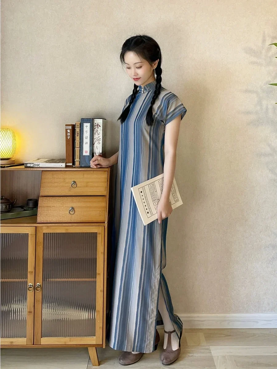 Tiao Wen 条纹 Striped 1940s Republic of China Short Sleeve Qipao - Image 7
