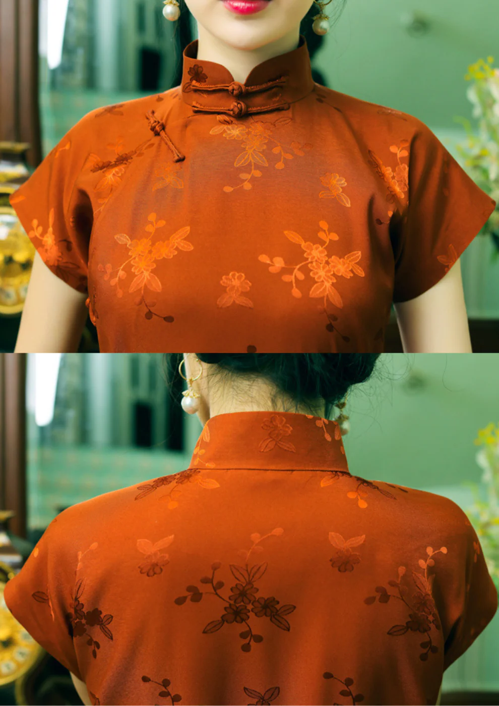 Tie Xu 铁锈 Rust Red 1930s Satin Floral Short Sleeve Qipao - Image 11
