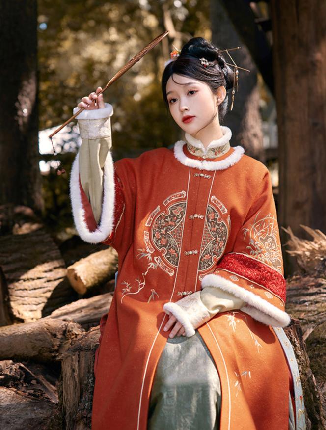 Tihong Haitang 剔红海棠 Picking Red Begonias Ming Dynasty Round Collar Jacket & Mamian Winter Set - Image 4