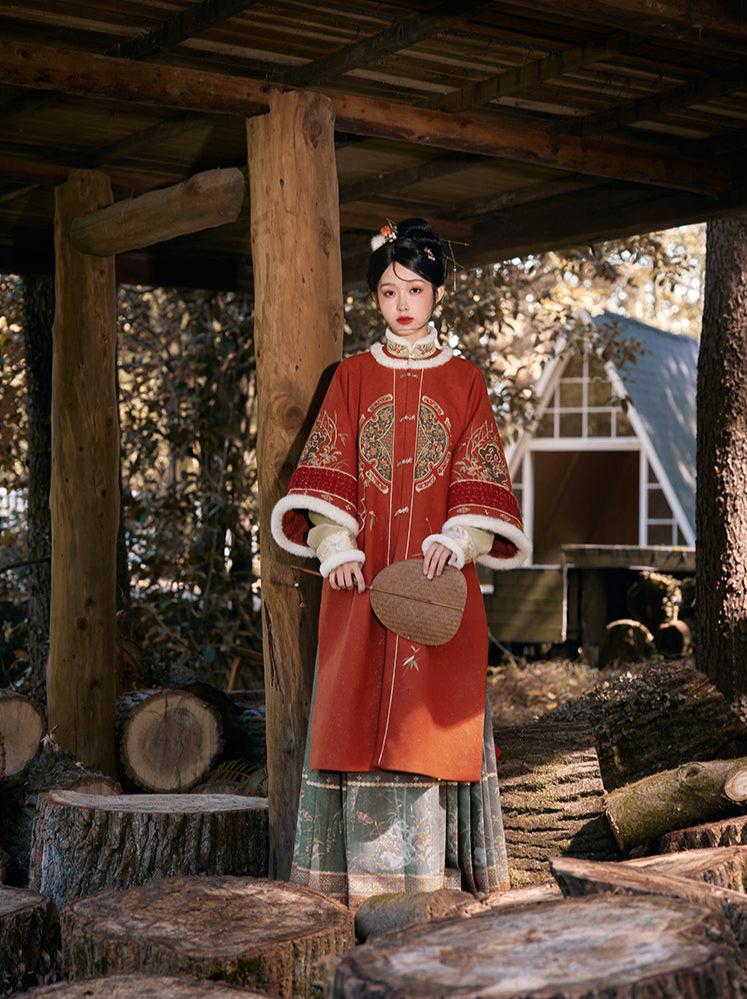 Tihong Haitang 剔红海棠 Picking Red Begonias Ming Dynasty Round Collar Jacket & Mamian Winter Set - Image 5