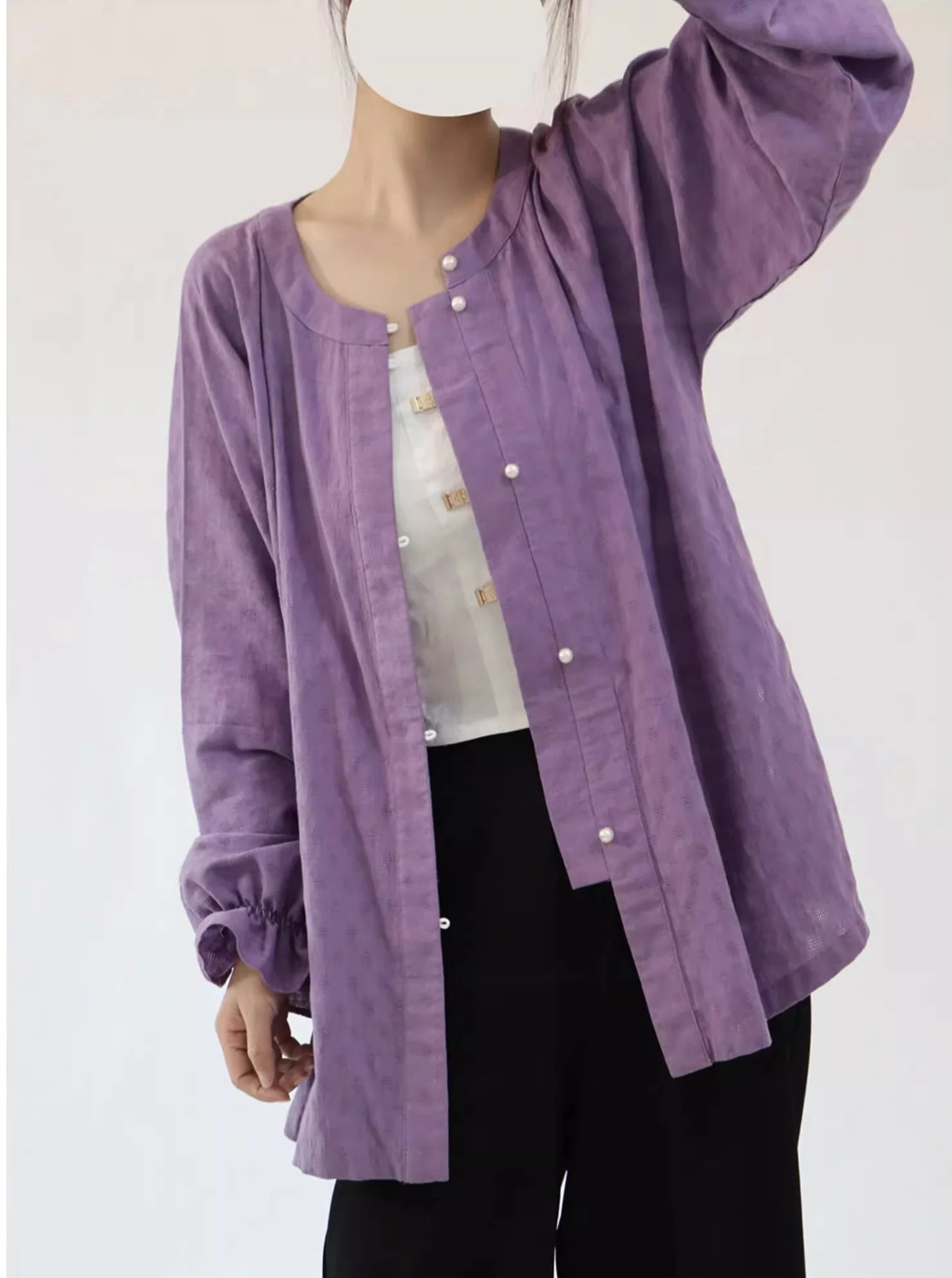 Touqi 透气 Lantern Sleeve Modernized Ming Round Collar Shirt - Image 3