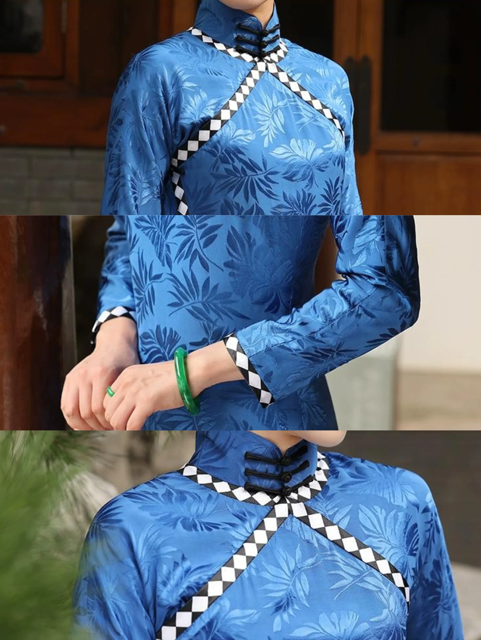 Untold Tales 尘封的故事 1940s Checker Print Satin Long Sleeve Qipao - Image 11