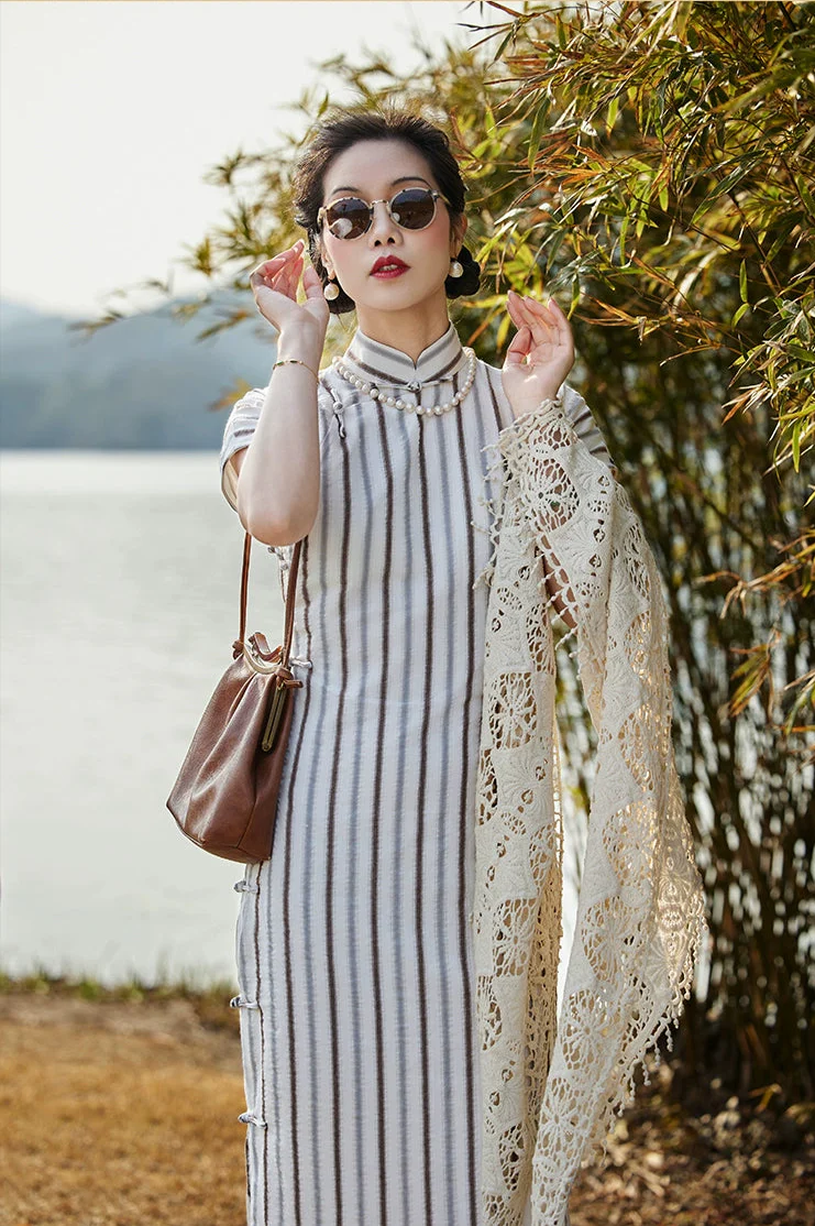 Whisper of the Heart 细語呢喃 1930s Summer Stripes Cotton Short Sleeve Qipao - Image 4