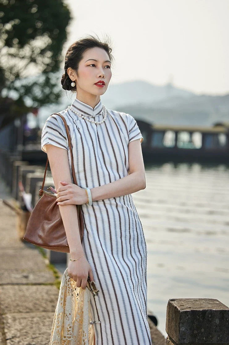 Whisper of the Heart 细語呢喃 1930s Summer Stripes Cotton Short Sleeve Qipao - Image 6