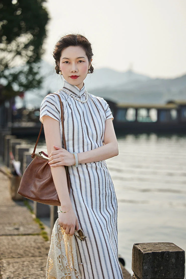 Whisper of the Heart 细語呢喃 1930s Summer Stripes Cotton Short Sleeve Qipao - Image 7