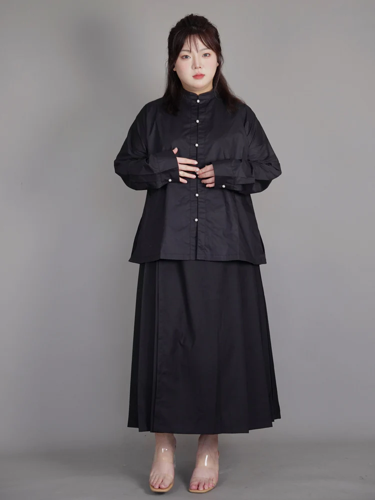 Wumei 妩媚 Charming Modernized Ming Plus Size Cotton Standing Collar Top & Midi Mamian Skirt Set - Image 3