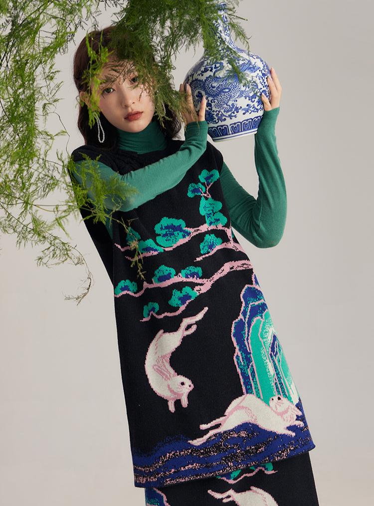 Xi Nao 嬉闹 Frolicking Rabbits New Chinese Style Knit Sweater Vest - Image 11