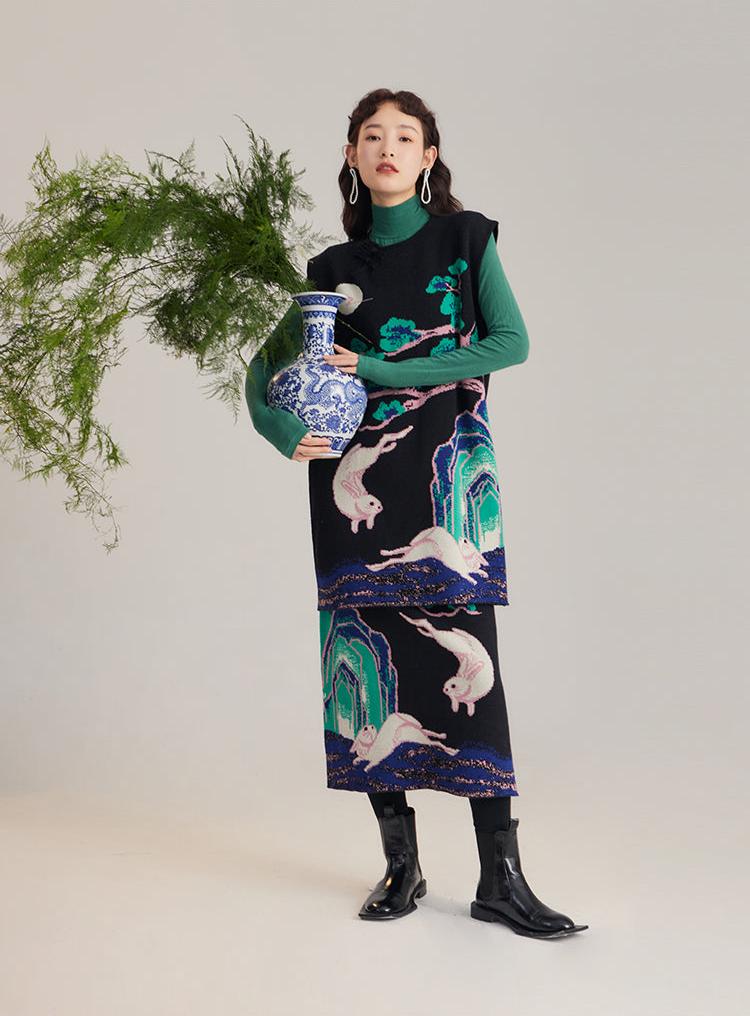 Xi Nao 嬉闹 Frolicking Rabbits New Chinese Style Knit Midi Skirt - Image 6