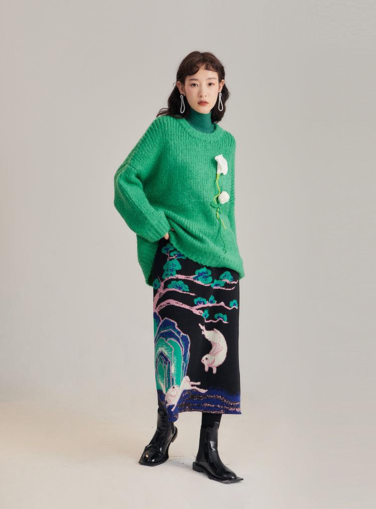 Xi Nao 嬉闹 Frolicking Rabbits New Chinese Style Knit Midi Skirt - Image 8
