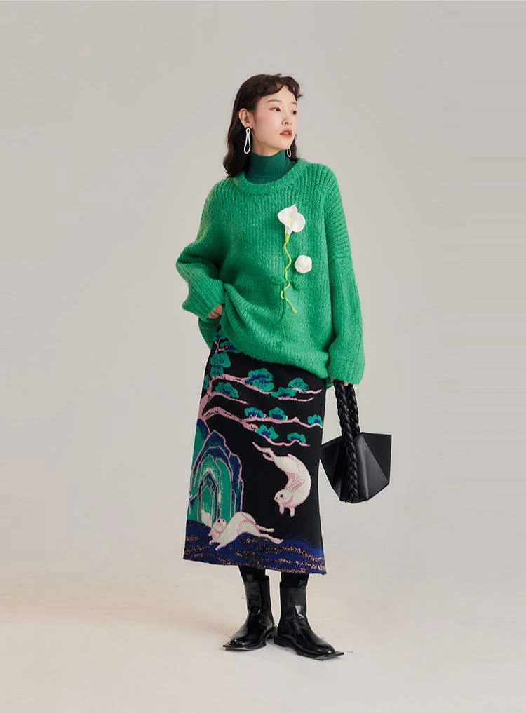 Xi Nao 嬉闹 Frolicking Rabbits New Chinese Style Knit Midi Skirt - Image 9