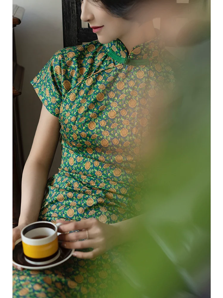 Xiang Rikui 向日葵 Sunflowers & Pink Doves Modernized Pure Cotton Daily Qipao - Image 7