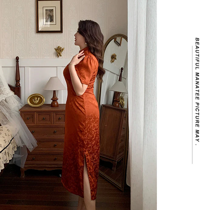 Xiaying Rui 霞映蕊 Glowing Sunset Plus Size Modernized Vintage Bottleneck Jacquard Qipao - Image 11