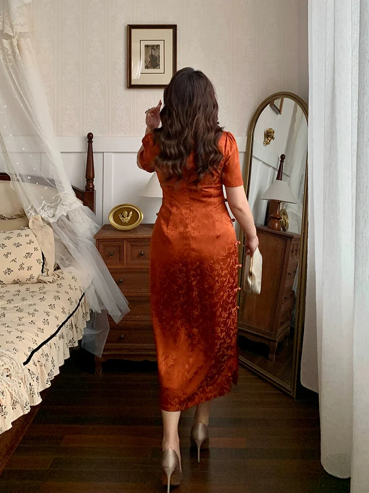 Xiaying Rui 霞映蕊 Glowing Sunset Plus Size Modernized Vintage Bottleneck Jacquard Qipao - Image 7