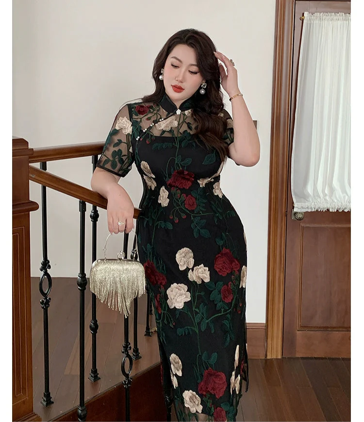 Xixue Gui 吸血鬼 Vampira Plus Size Modernized Sheer Embroidered Floral Short Sleeve Qipao - Image 10