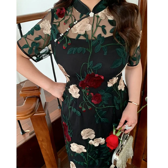 Xixue Gui 吸血鬼 Vampira Plus Size Modernized Sheer Embroidered Floral Short Sleeve Qipao - Image 11