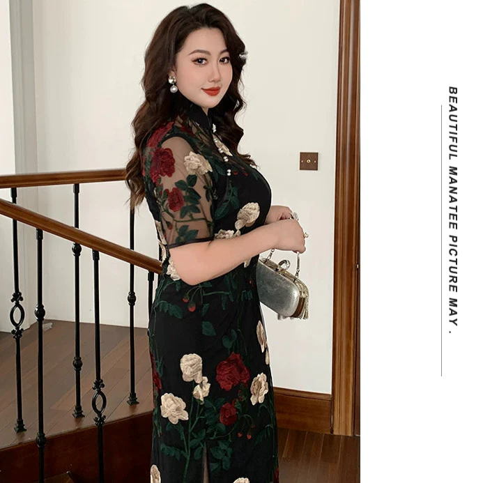 Xixue Gui 吸血鬼 Vampira Plus Size Modernized Sheer Embroidered Floral Short Sleeve Qipao - Image 12