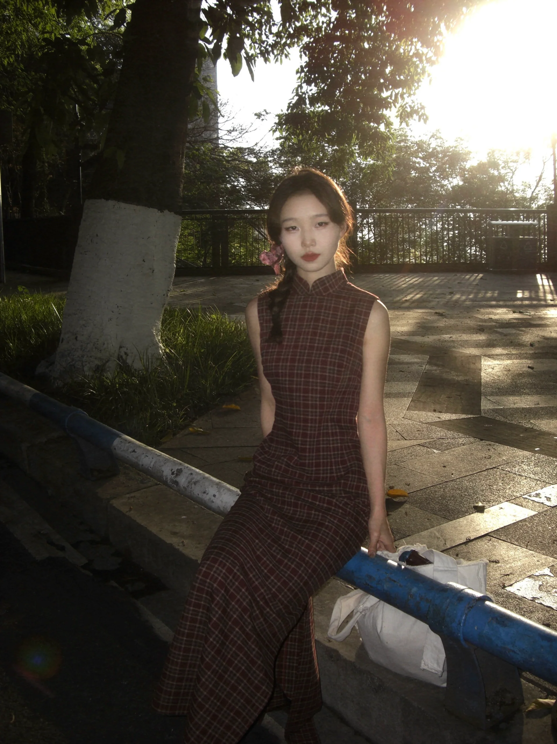 Yan Hong 砚红 Red Ink Modernized Plaid Flannel Sleeveless Qipao - Image 10