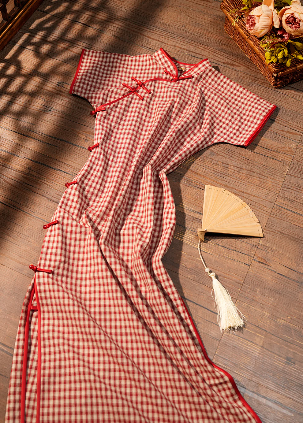 Yecan Tan 野餐毯 Picnic Blanket Republic of China Gingham Pure Cotton Short Sleeve Qipao - Image 6