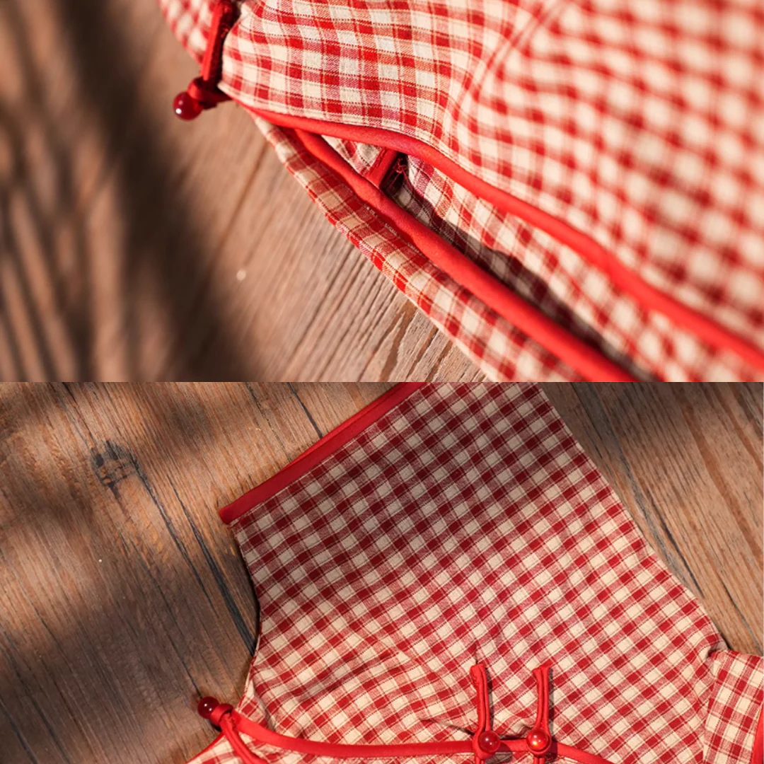 Yecan Tan 野餐毯 Picnic Blanket Republic of China Gingham Pure Cotton Short Sleeve Qipao - Image 8