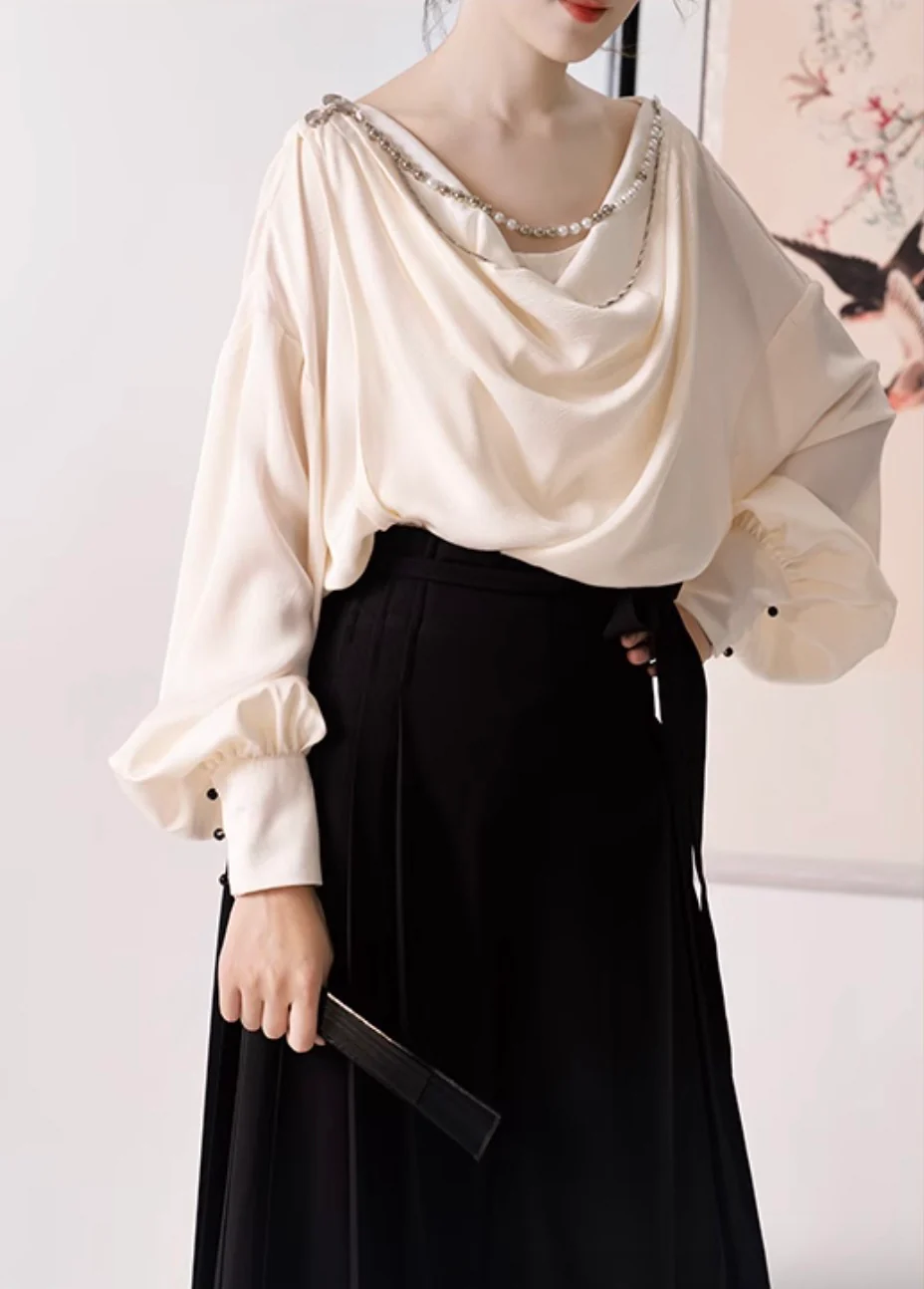 Yimeng Huayu 遗梦花语 A Flower's Language Modernized Ming Mamian Wide Legged Trousers & Drape Top Set - Image 6