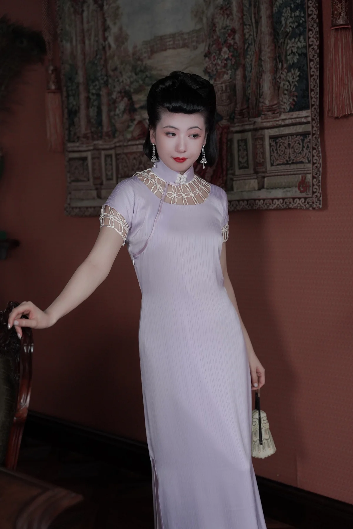 Yu Linglong 玉玲珑 1930s Lace Floral Eyelet Qipao & Short Blazer Set - Image 4