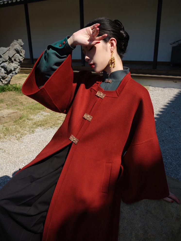 Yu Nian 余年 Longevity Modernized Ming Dynasty Pure Wool Winter Square Collar Trench Coat & Mamian Set - Image 5