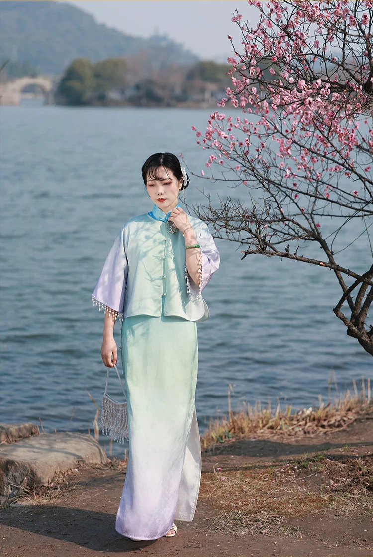 Yun Yan 云胭 Blushing Clouds 1920s Yuanling Round Collar Pearl Tassel Qipao Jacket - Image 4
