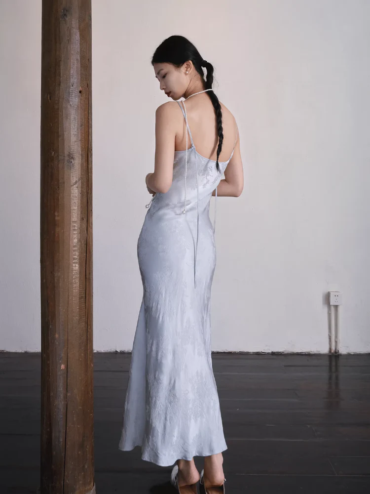 Yushu Luo 玉黍螺 Periwinkle New Chinese Style Bias Cut Satin Jacquard Two-Way Dress - Image 10