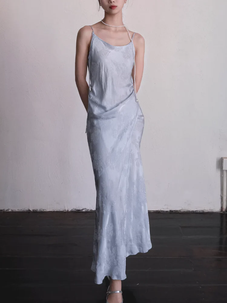 Yushu Luo 玉黍螺 Periwinkle New Chinese Style Bias Cut Satin Jacquard Two-Way Dress - Image 11