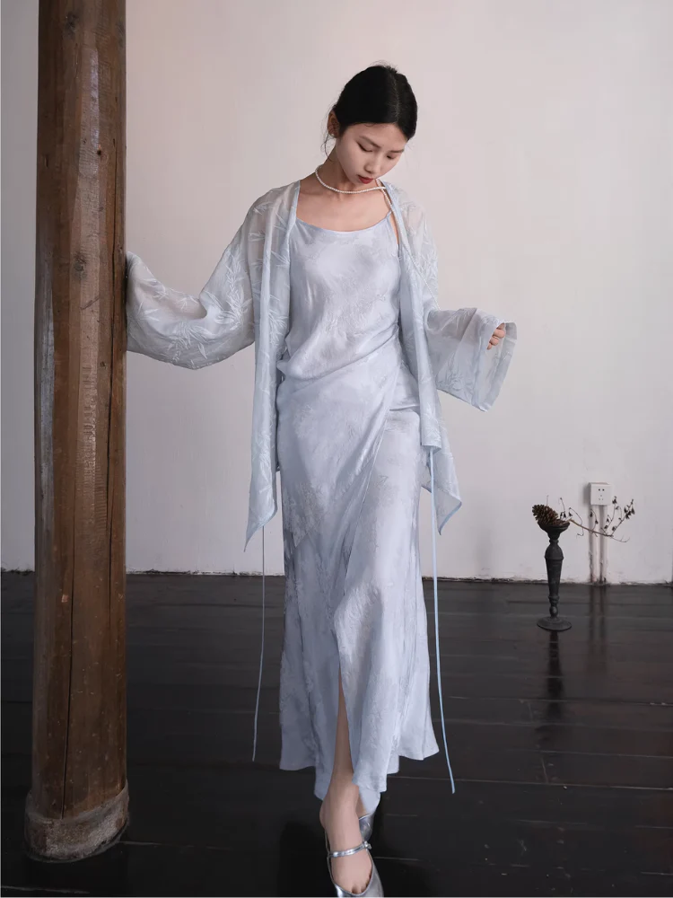Yushu Luo 玉黍螺 Periwinkle New Chinese Style Bias Cut Satin Jacquard Two-Way Dress - Image 12