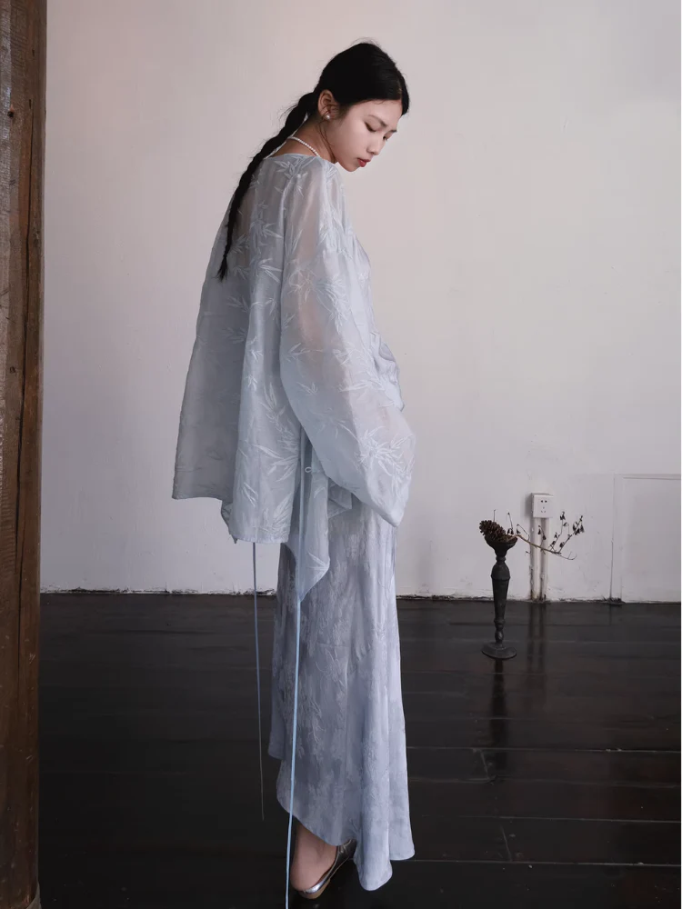 Yushu Luo 玉黍螺 Periwinkle New Chinese Style Bias Cut Satin Jacquard Two-Way Dress - Image 13