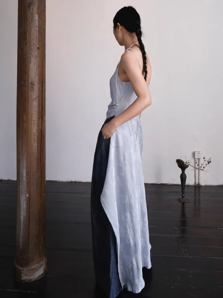 Yushu Luo 玉黍螺 Periwinkle New Chinese Style Bias Cut Satin Jacquard Two-Way Dress - Image 16