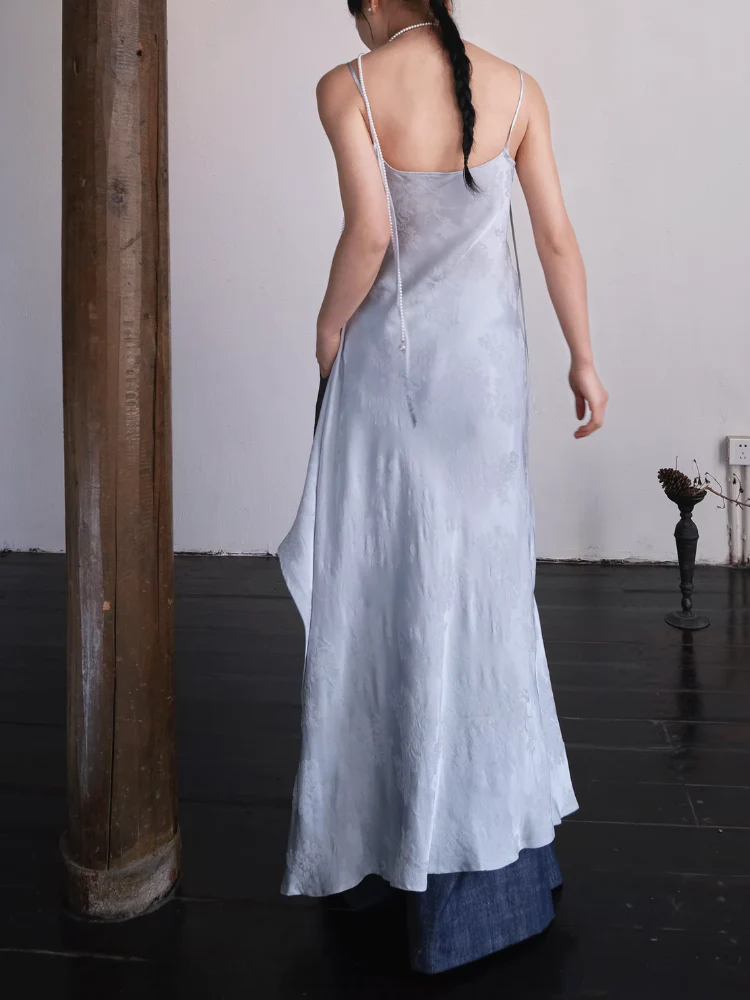 Yushu Luo 玉黍螺 Periwinkle New Chinese Style Bias Cut Satin Jacquard Two-Way Dress - Image 17