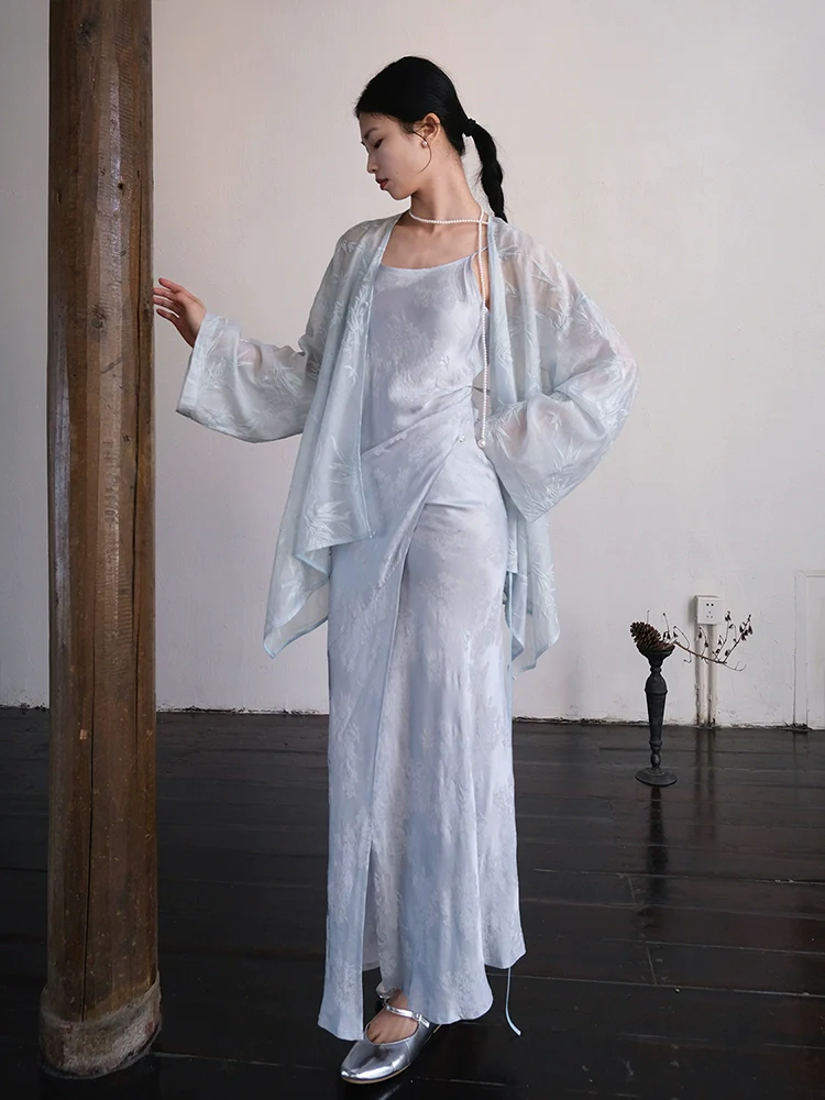 Yushu Luo 玉黍螺 Periwinkle New Chinese Style Bias Cut Satin Jacquard Two-Way Dress - Image 3
