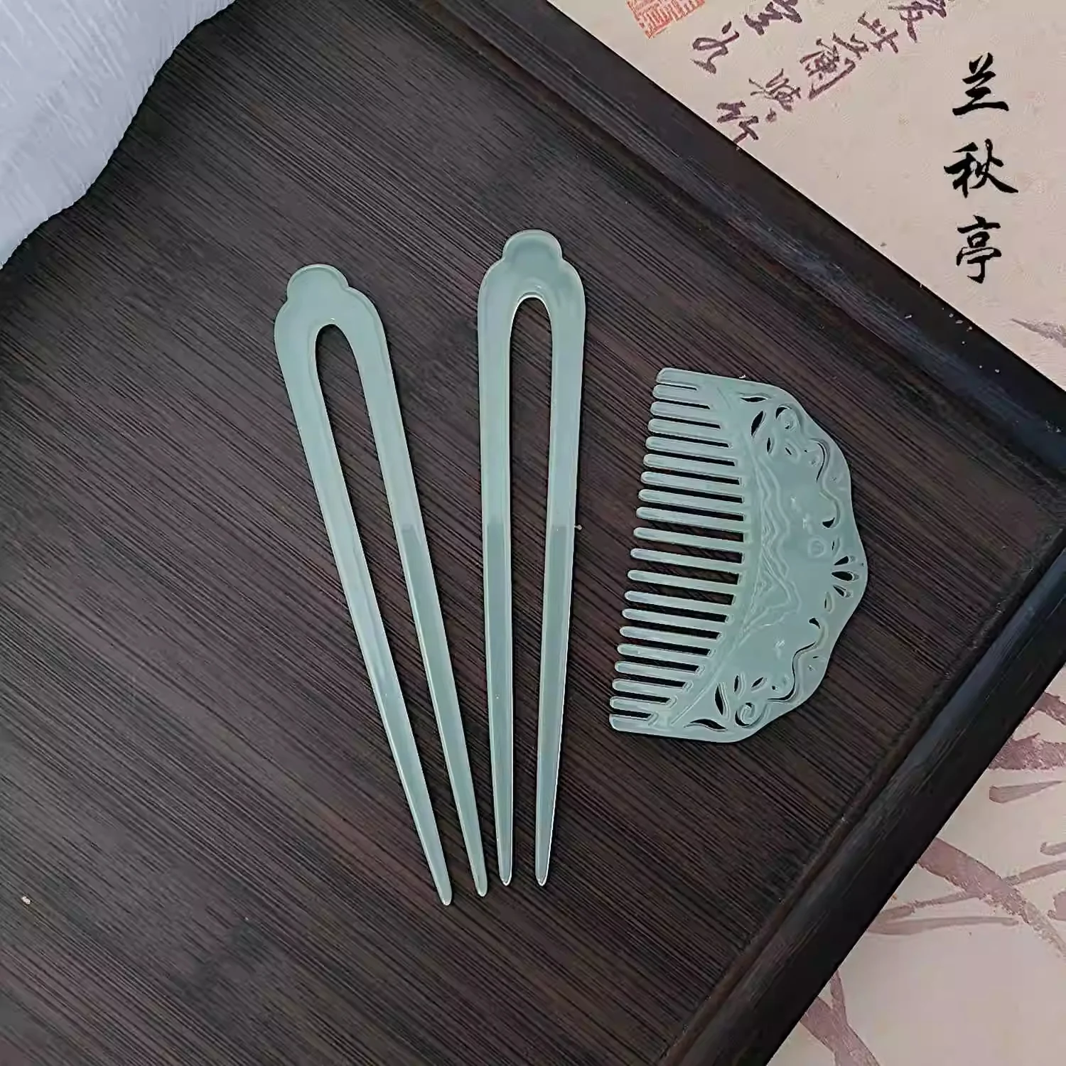 Zanzi 簪子 Jade Imitation U-Shaped Hairpins & Comb Set - Image 4