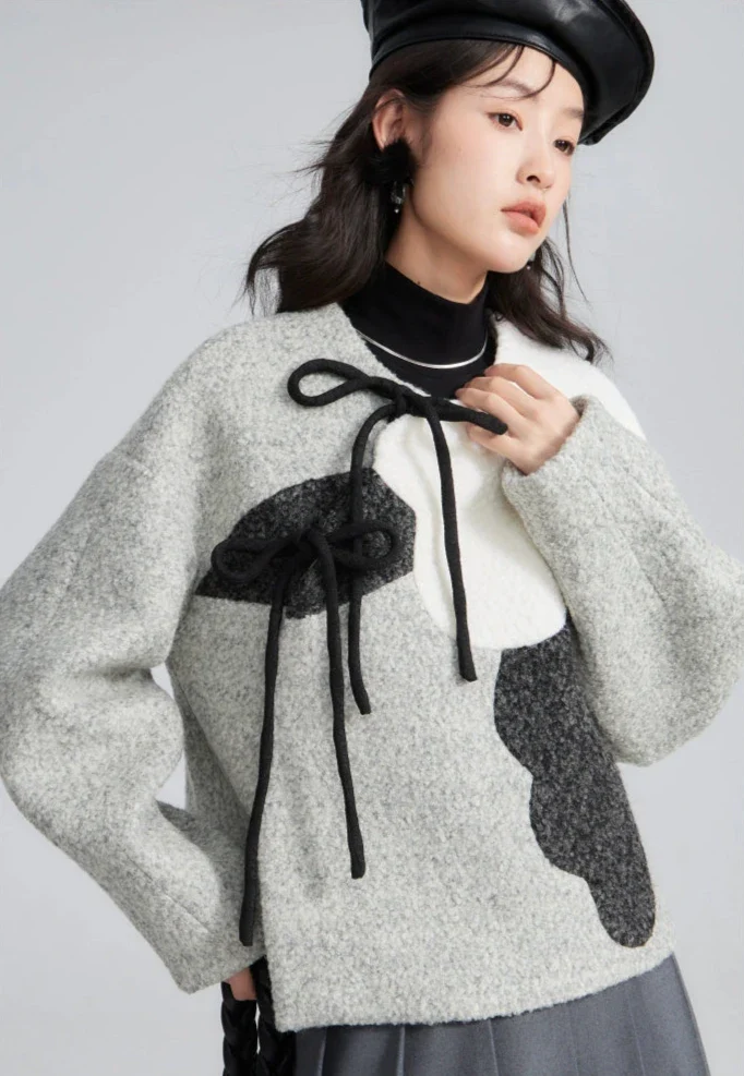 Zhuangse Mudan 撞色牡丹 Contrasting Peony Petals New Chinese Style Teddy Wool Qipao Jacket - Image 11