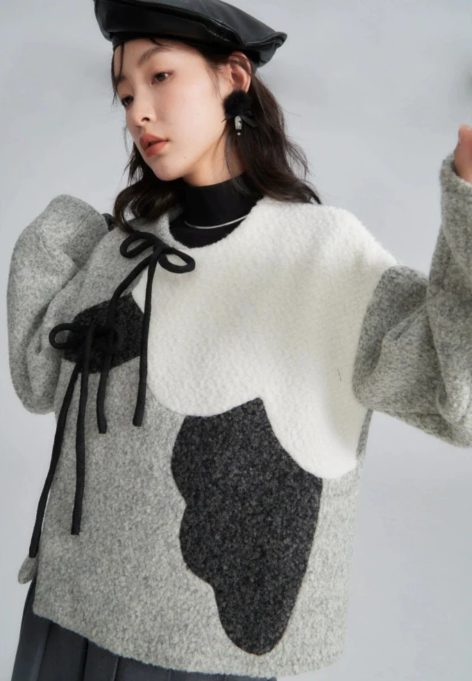 Zhuangse Mudan 撞色牡丹 Contrasting Peony Petals New Chinese Style Teddy Wool Qipao Jacket - Image 3