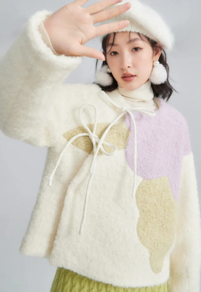 Zhuangse Mudan 撞色牡丹 Contrasting Peony Petals New Chinese Style Teddy Wool Qipao Jacket - Image 8