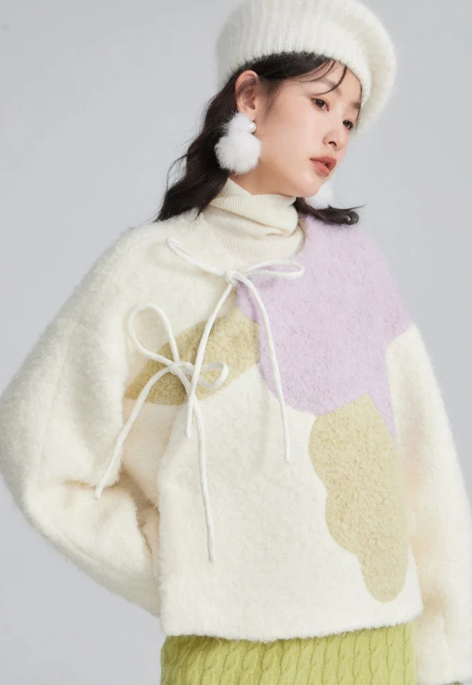 Zhuangse Mudan 撞色牡丹 Contrasting Peony Petals New Chinese Style Teddy Wool Qipao Jacket - Image 9