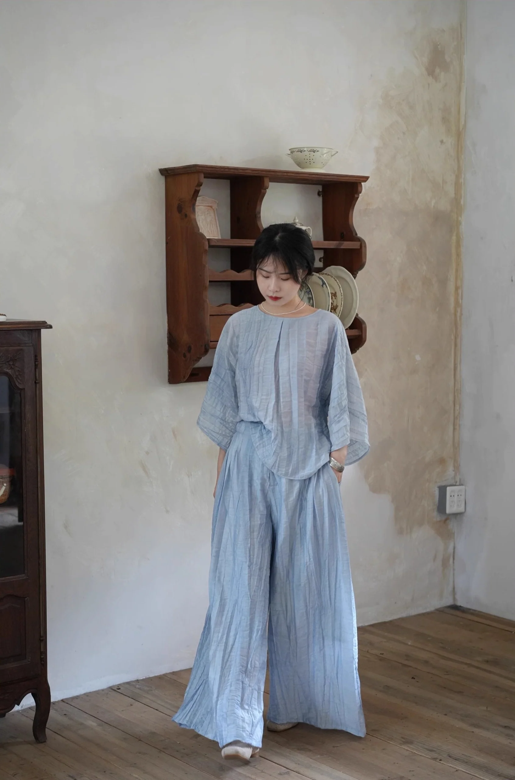Ziruo 自若 Modernized Ming Dynasty Summer Tencel Shirt & Wide Leg Trousers Set - Image 10