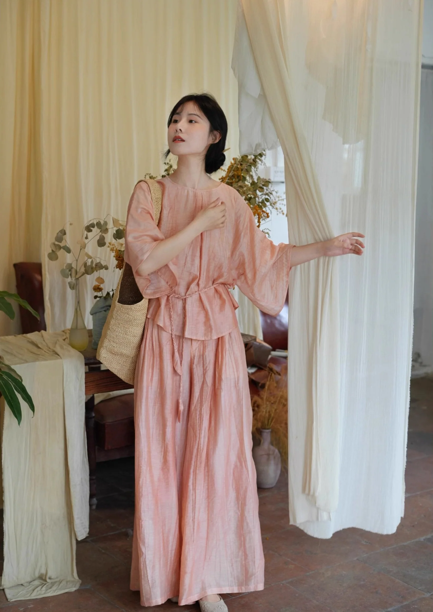 Ziruo 自若 Modernized Ming Dynasty Summer Tencel Shirt & Wide Leg Trousers Set - Image 5