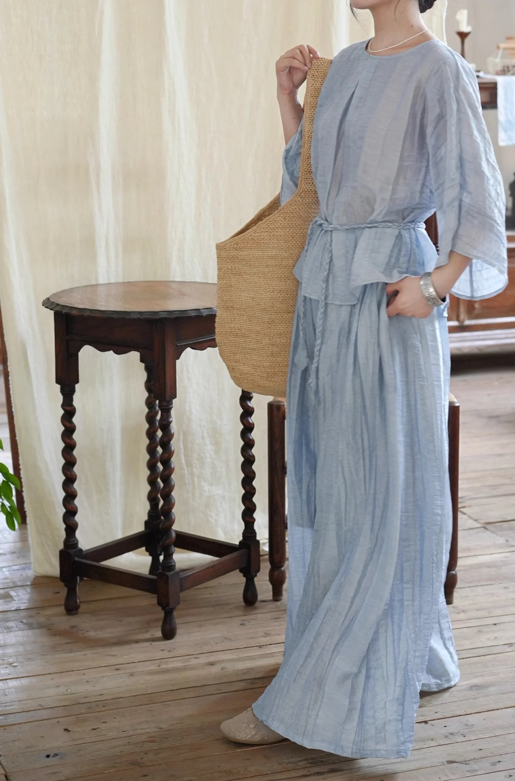 Ziruo 自若 Modernized Ming Dynasty Summer Tencel Shirt & Wide Leg Trousers Set - Image 7